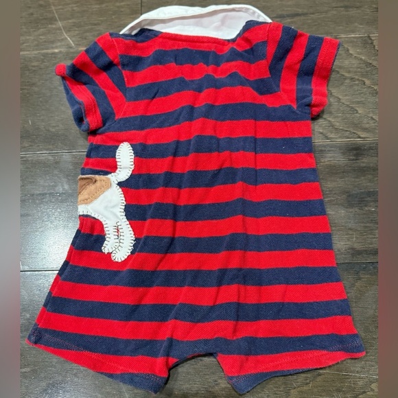 Mudpie Blue/Red Stripe Cotton Knit Puppy Dog Appliqué Short Romper 6-9Mos - Picture 5 of 5